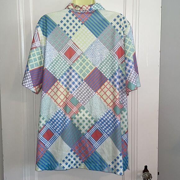 Vtg 80s Vera multi color patchwork print short sleeve knit polyester blouse - Picture 6 of 8
